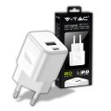 V-TAC VT-5320-B caricabatteria USB ricarica rapida 20W 1 PD+1 QC 3A adattatore da viaggio bianco - sku 6678