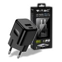 V-TAC VT-5320-B USB charger fast charging 20W 1 PD+1 QC 3A travel adapter black - sku 6677